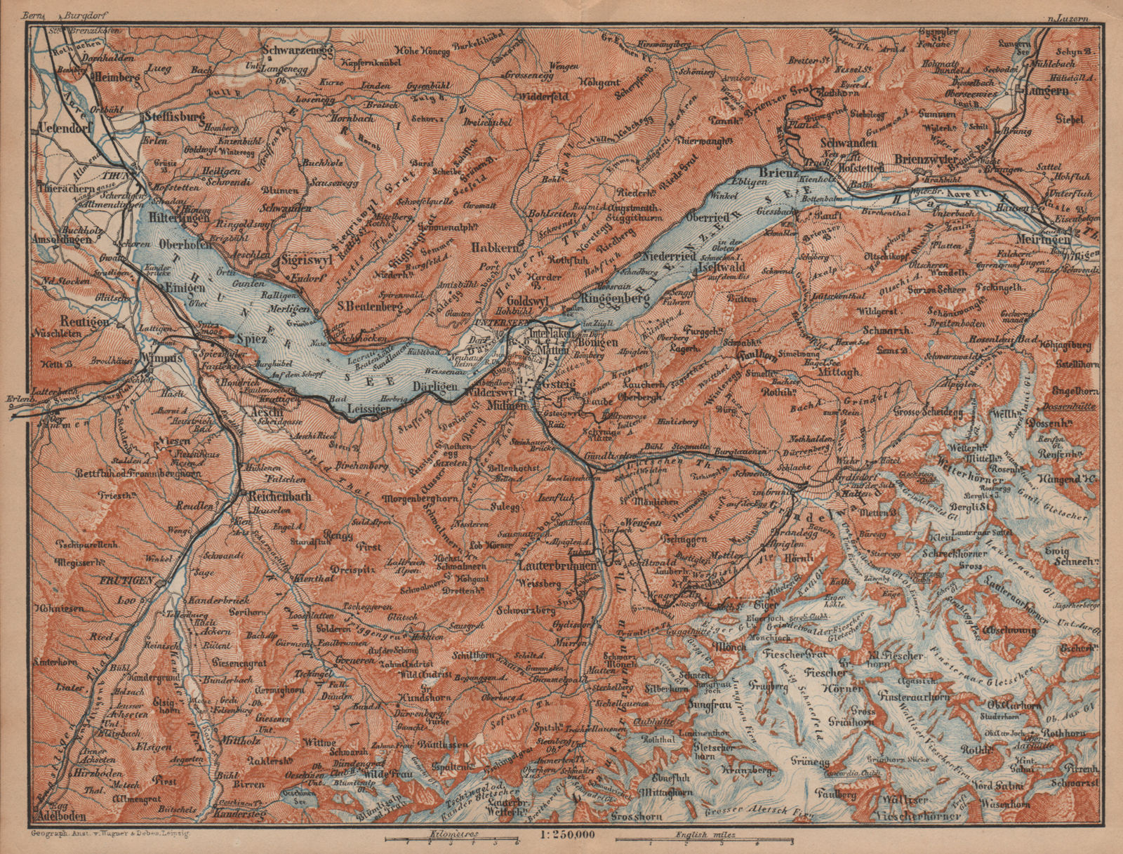 BERNESE OBERLAND. Wengen Mürren Grundelwald Reutigen Interlaken Eiger 1901 map
